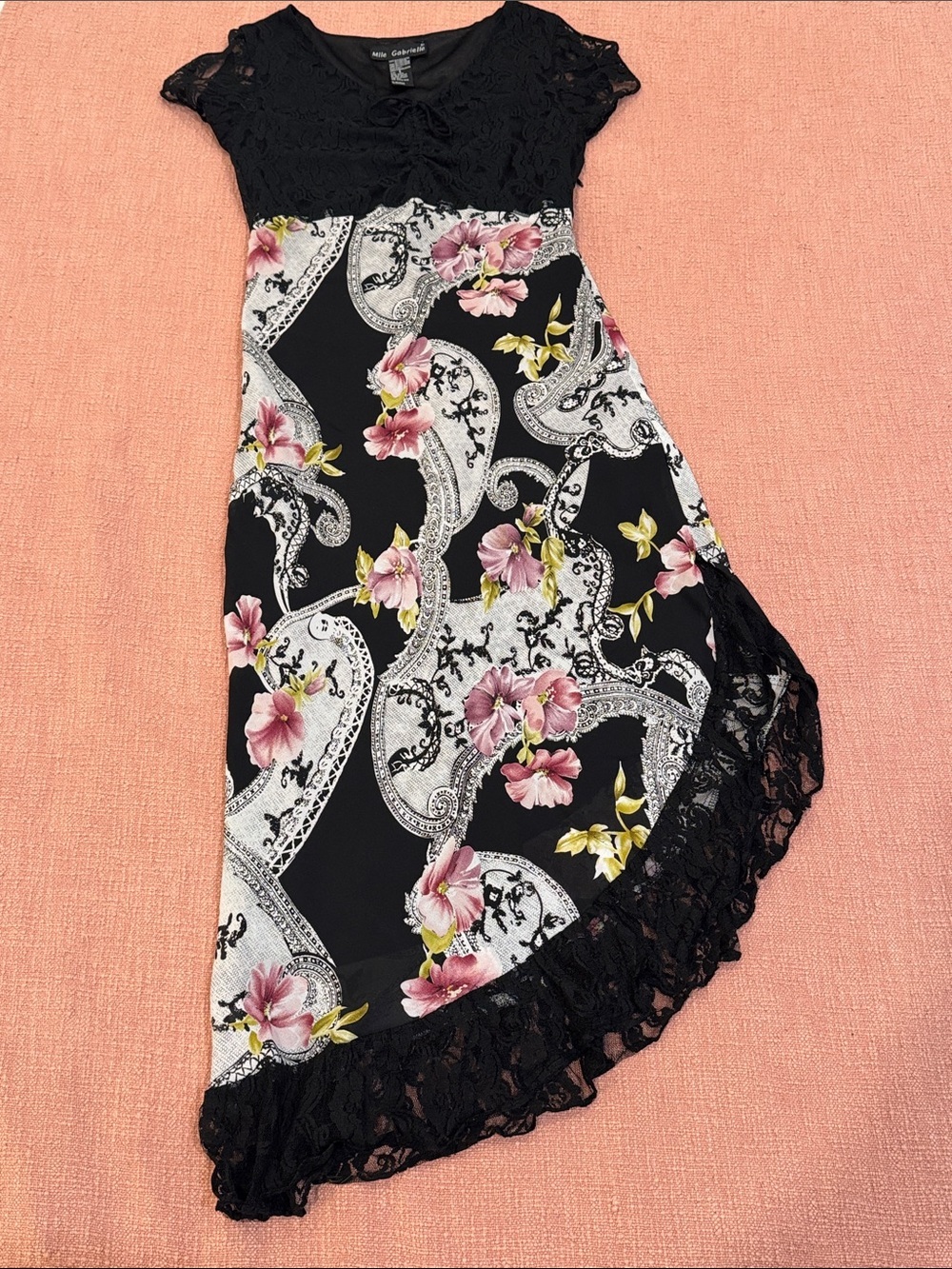 Vintage Black Lace trimmed Floral Paisley Midi Dress with Pink Flowers - lined